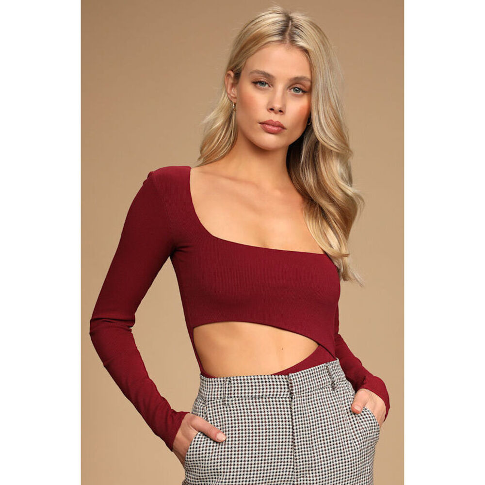 Lulus Skill Set Burgundy Ribbed Long Sleeve Cutout Bodysuit Brown - Size XL